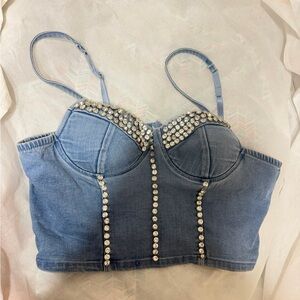 Embellished Denim rhinestone Bustier Top XL